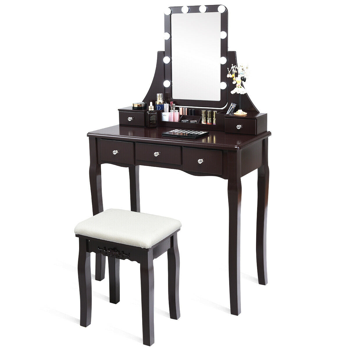 Makeup Vanity with Dimmable LED Lights, Storage Drawers, 360° Mirror and Stool – Brown