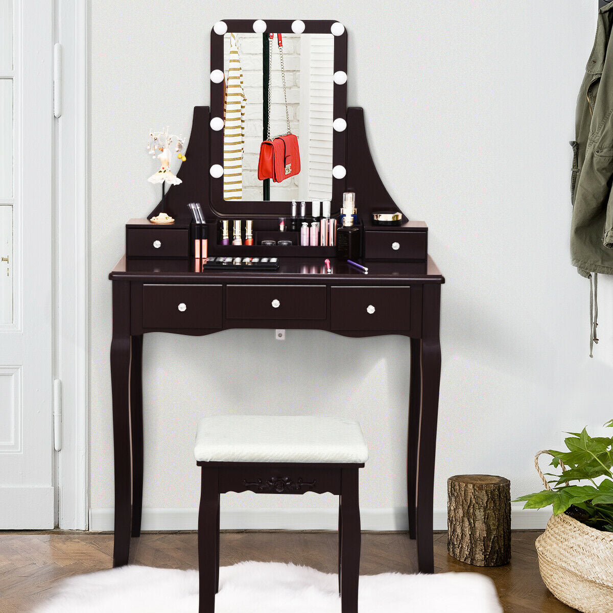 Makeup Vanity with Dimmable LED Lights, Storage Drawers, 360° Mirror and Stool – Brown