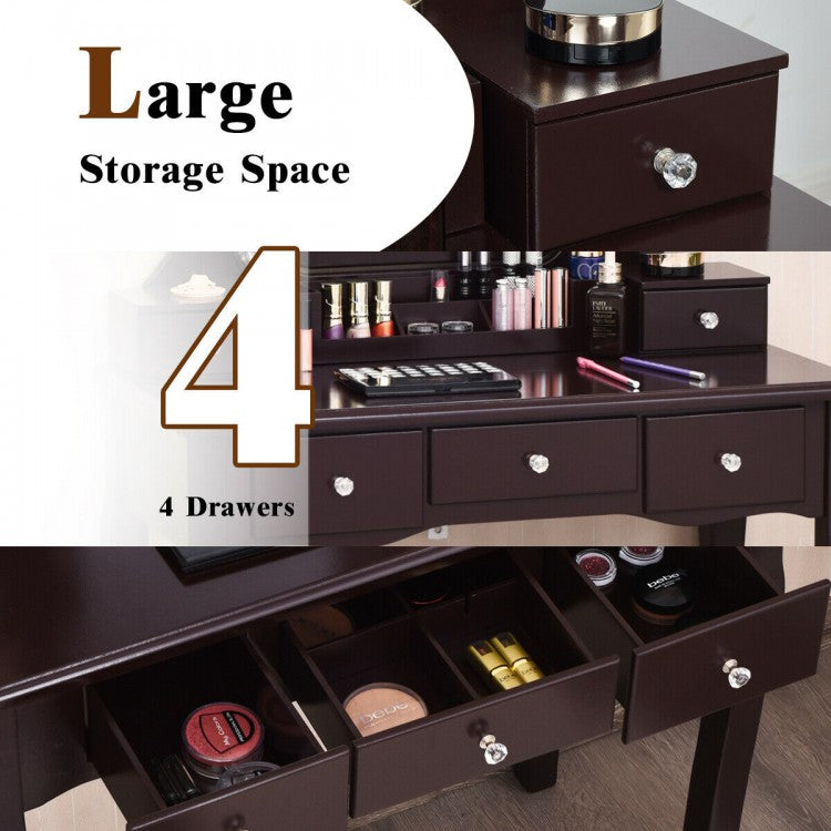 Makeup Vanity with Dimmable LED Lights, Storage Drawers, 360° Mirror and Stool – Brown