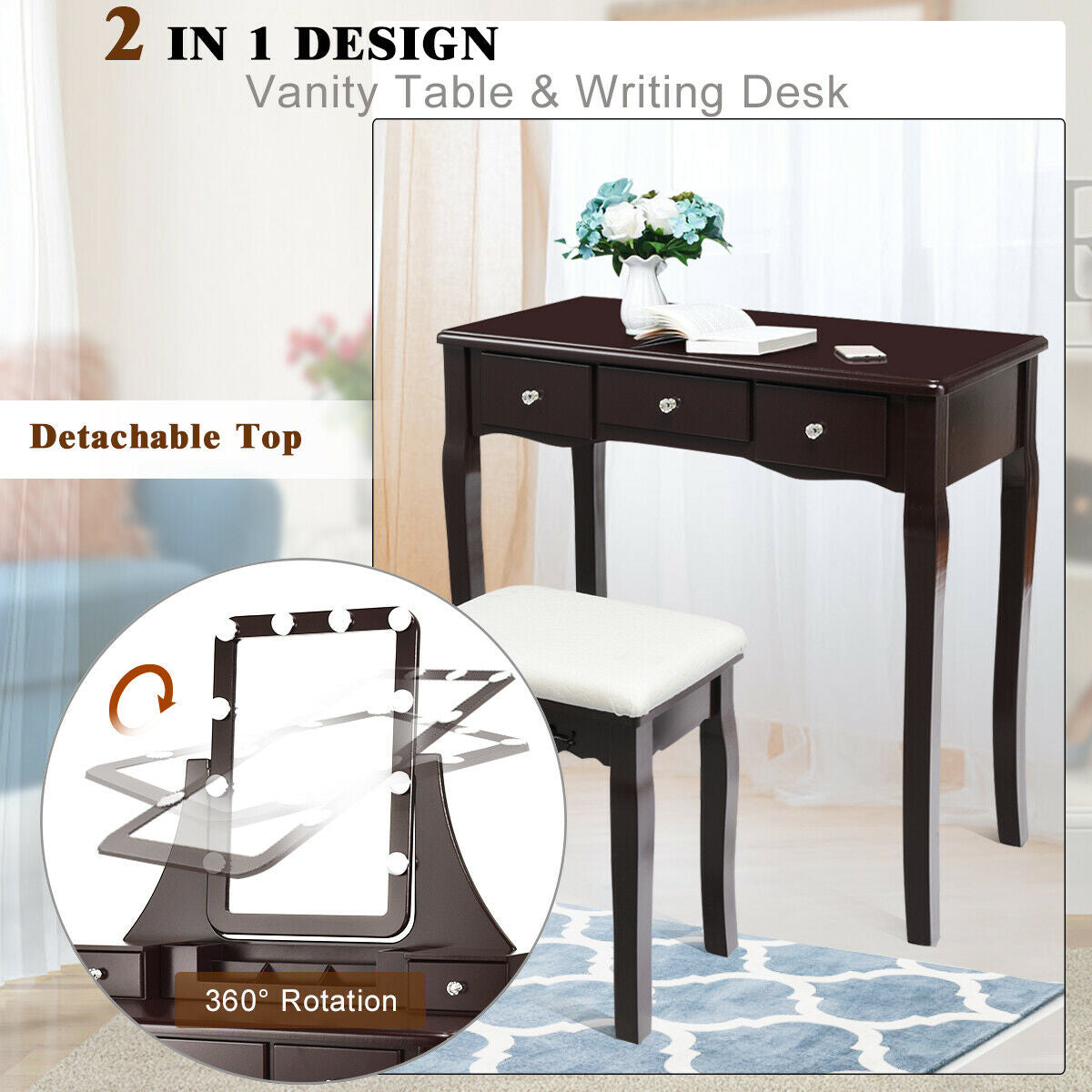 Makeup Vanity with Dimmable LED Lights, Storage Drawers, 360° Mirror and Stool – Brown