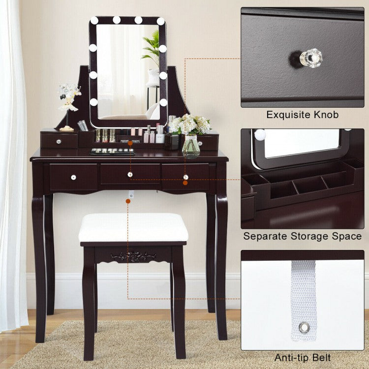Makeup Vanity with Dimmable LED Lights, Storage Drawers, 360° Mirror and Stool – Brown