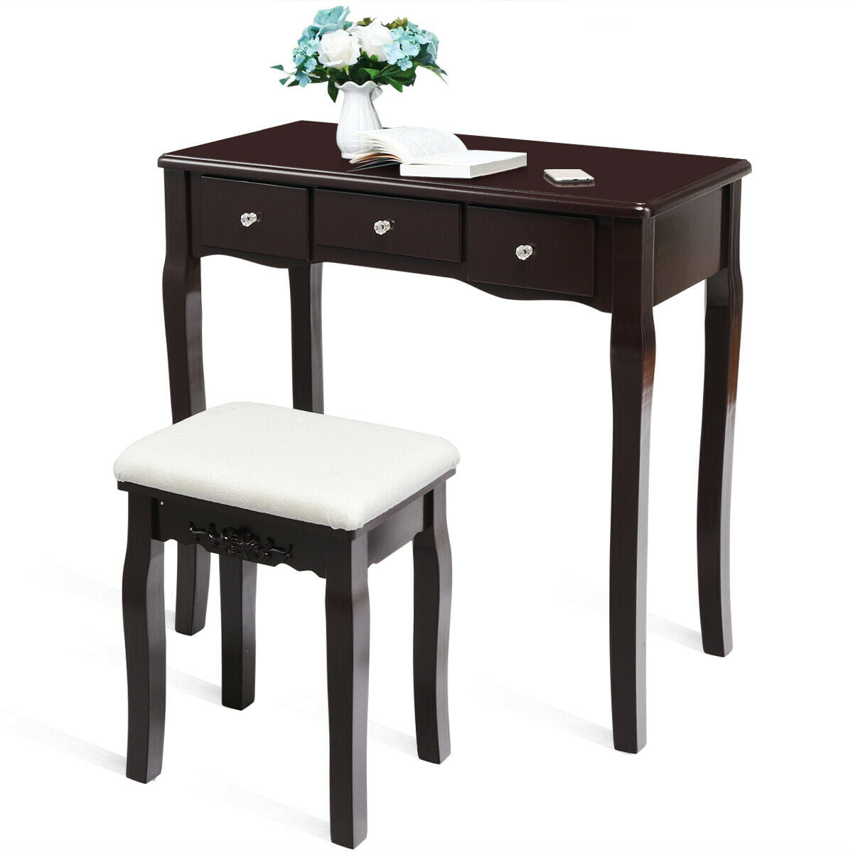 Makeup Vanity with Dimmable LED Lights, Storage Drawers, 360° Mirror and Stool – Brown