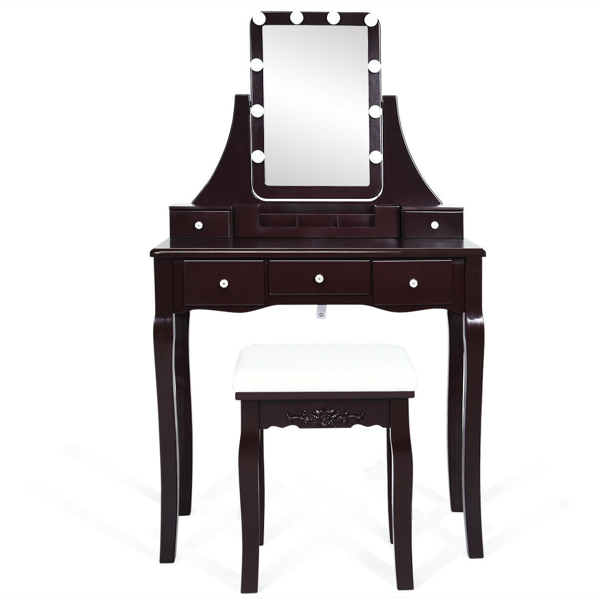 Makeup Vanity with Dimmable LED Lights, Storage Drawers, 360° Mirror and Stool – Brown