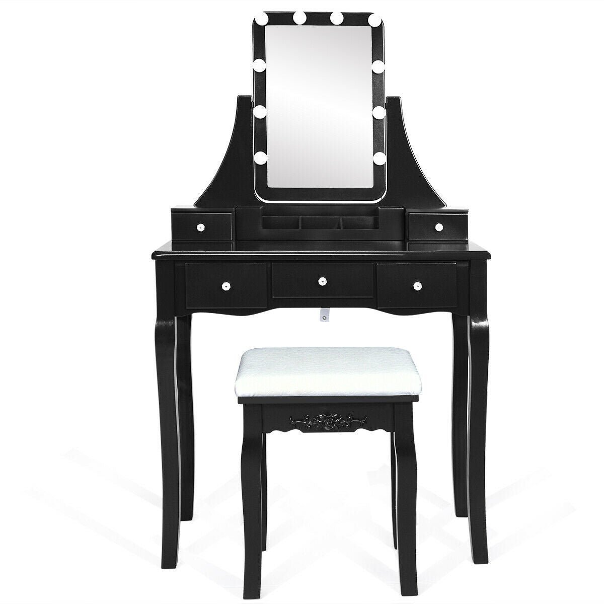 Makeup Vanity with Dimmable LED Lights, Storage Drawers, 360° Mirror and Stool – Black