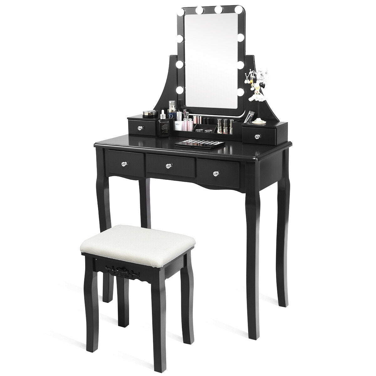Makeup Vanity with Dimmable LED Lights, Storage Drawers, 360° Mirror and Stool – Black