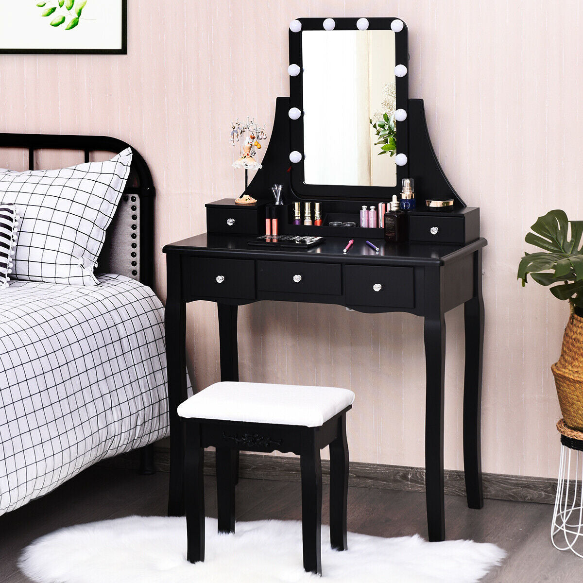 Makeup Vanity with Dimmable LED Lights, Storage Drawers, 360° Mirror and Stool – Black