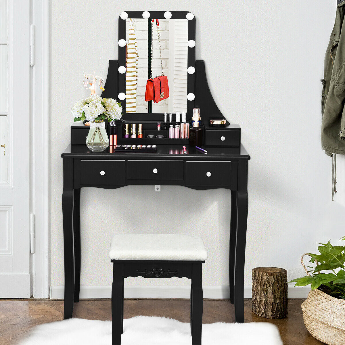 Makeup Vanity with Dimmable LED Lights, Storage Drawers, 360° Mirror and Stool – Black