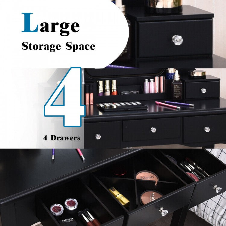 Makeup Vanity with Dimmable LED Lights, Storage Drawers, 360° Mirror and Stool – Black