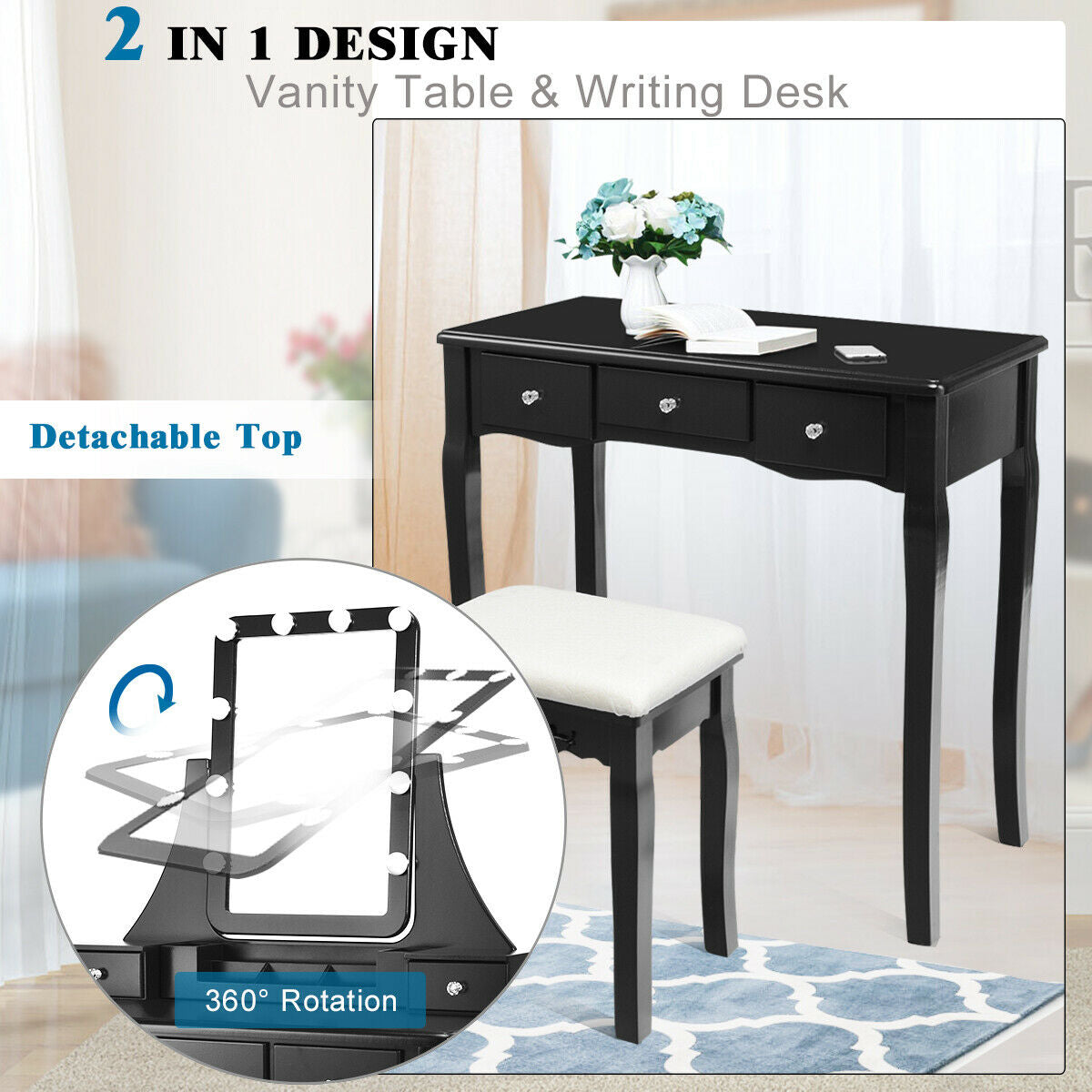 Makeup Vanity with Dimmable LED Lights, Storage Drawers, 360° Mirror and Stool – Black