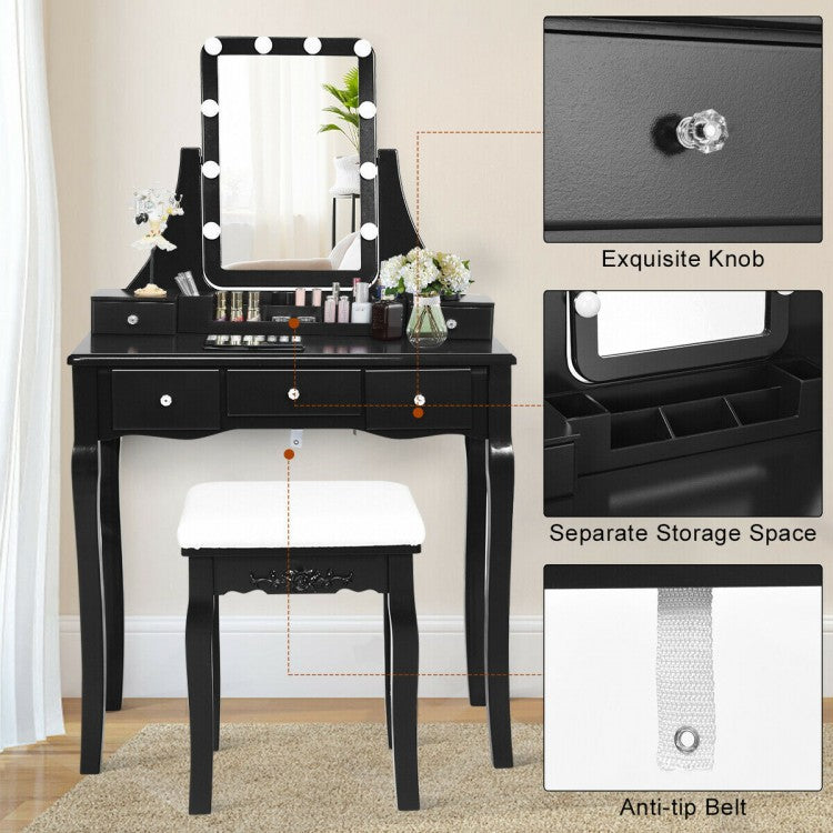 Makeup Vanity with Dimmable LED Lights, Storage Drawers, 360° Mirror and Stool – Black
