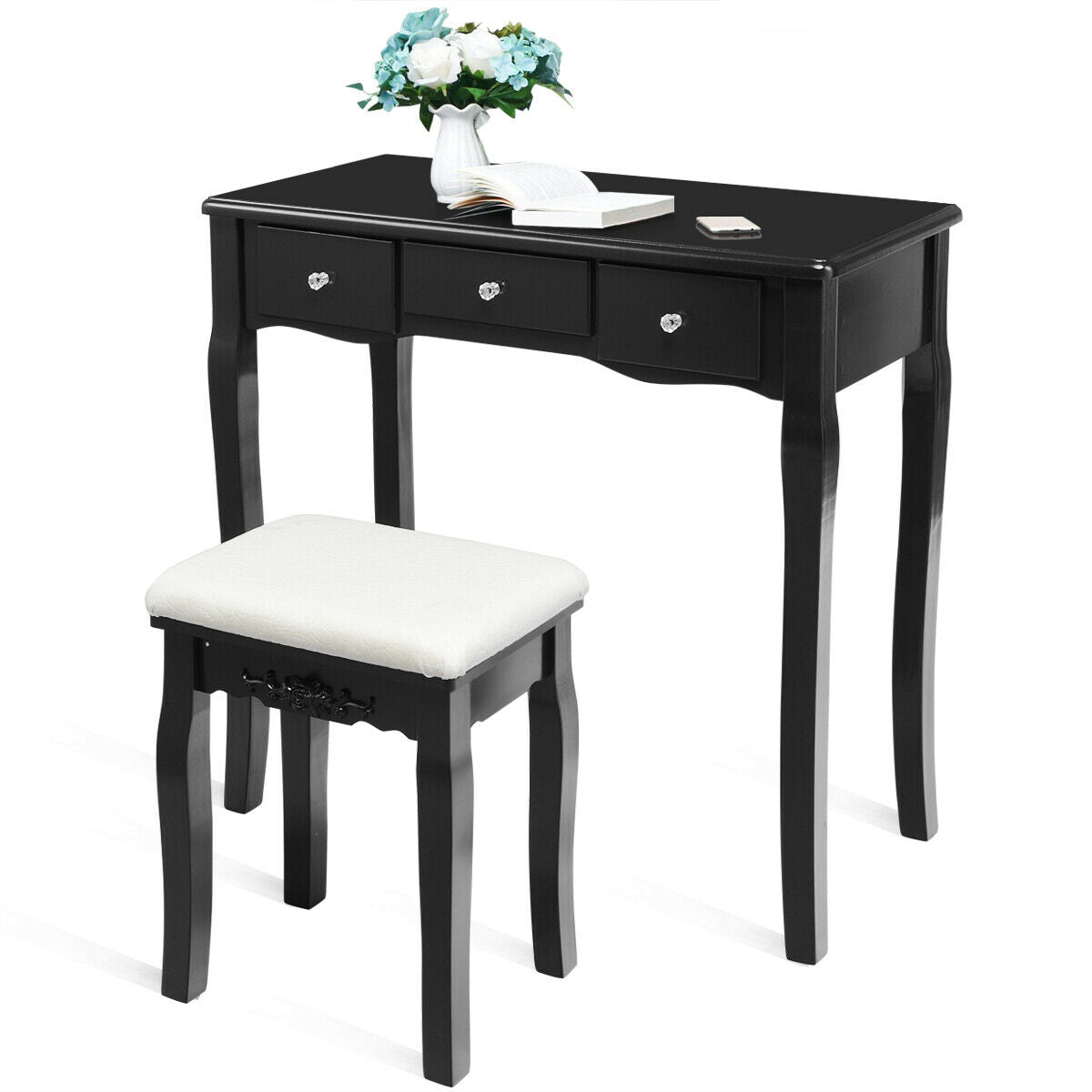 Makeup Vanity with Dimmable LED Lights, Storage Drawers, 360° Mirror and Stool – Black