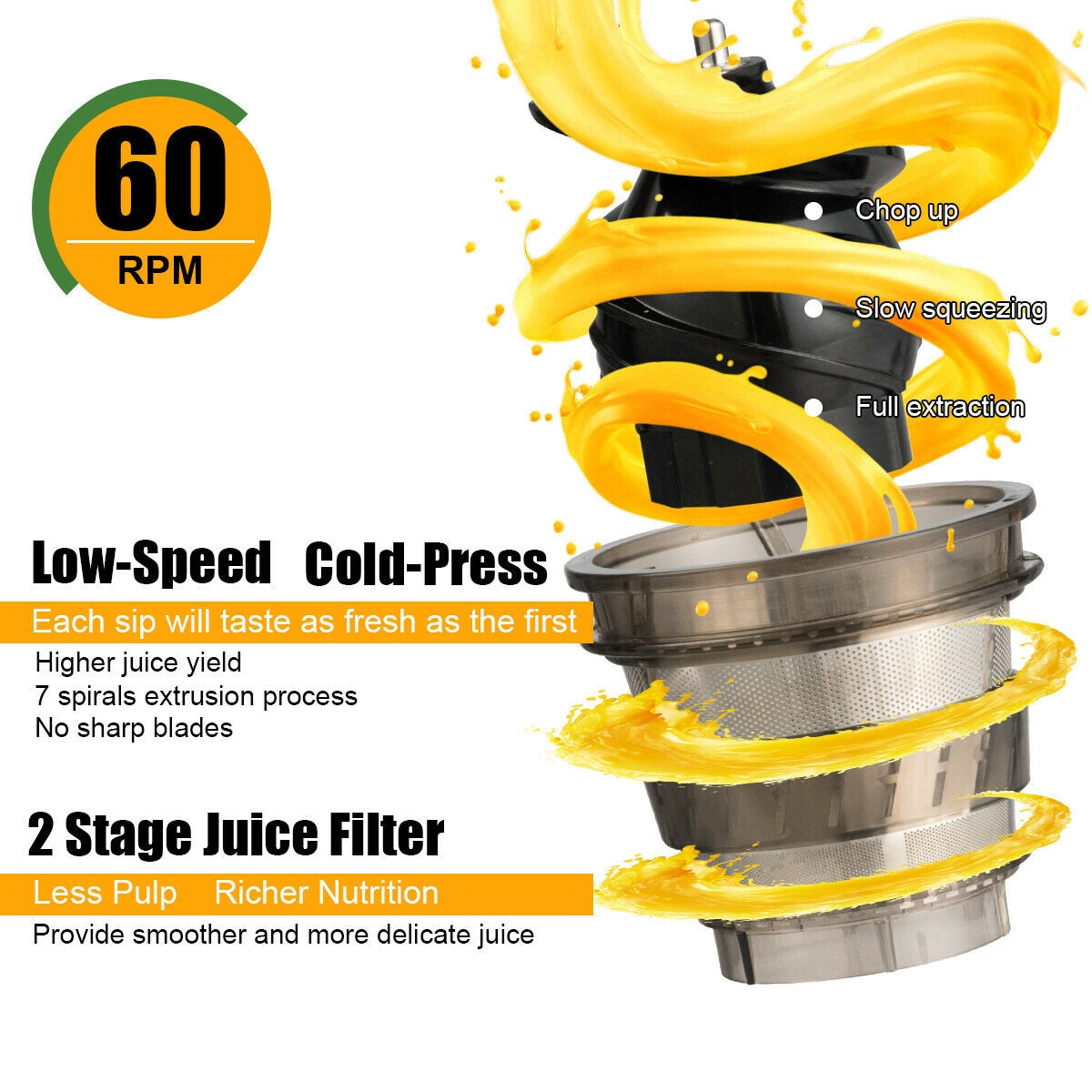 Cold Press Slow Juicer – Masticating Fruit & Vegetable Extractor