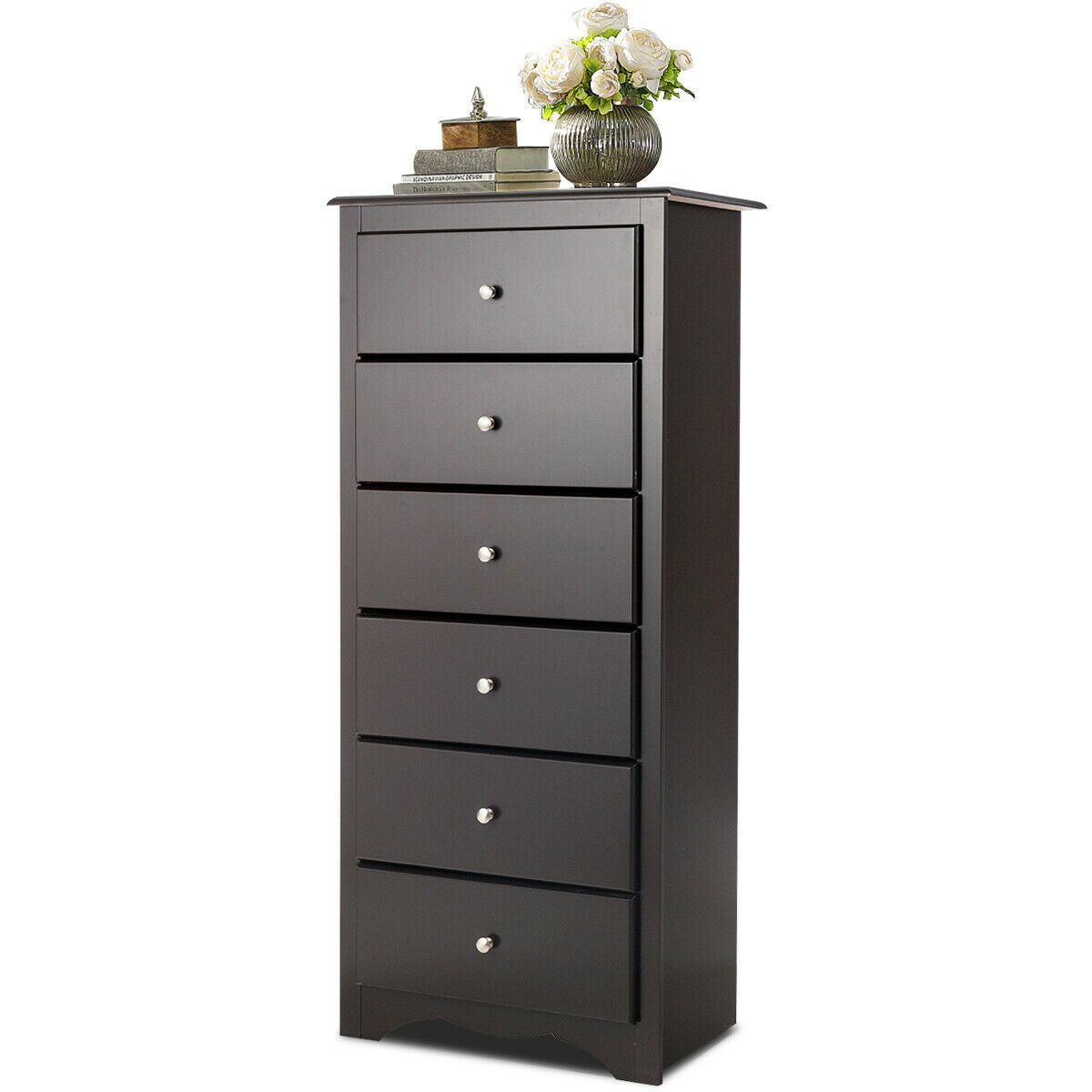 Modern 6 Drawer Bedroom Dresser Cabinet with Vertical Storage – Brown