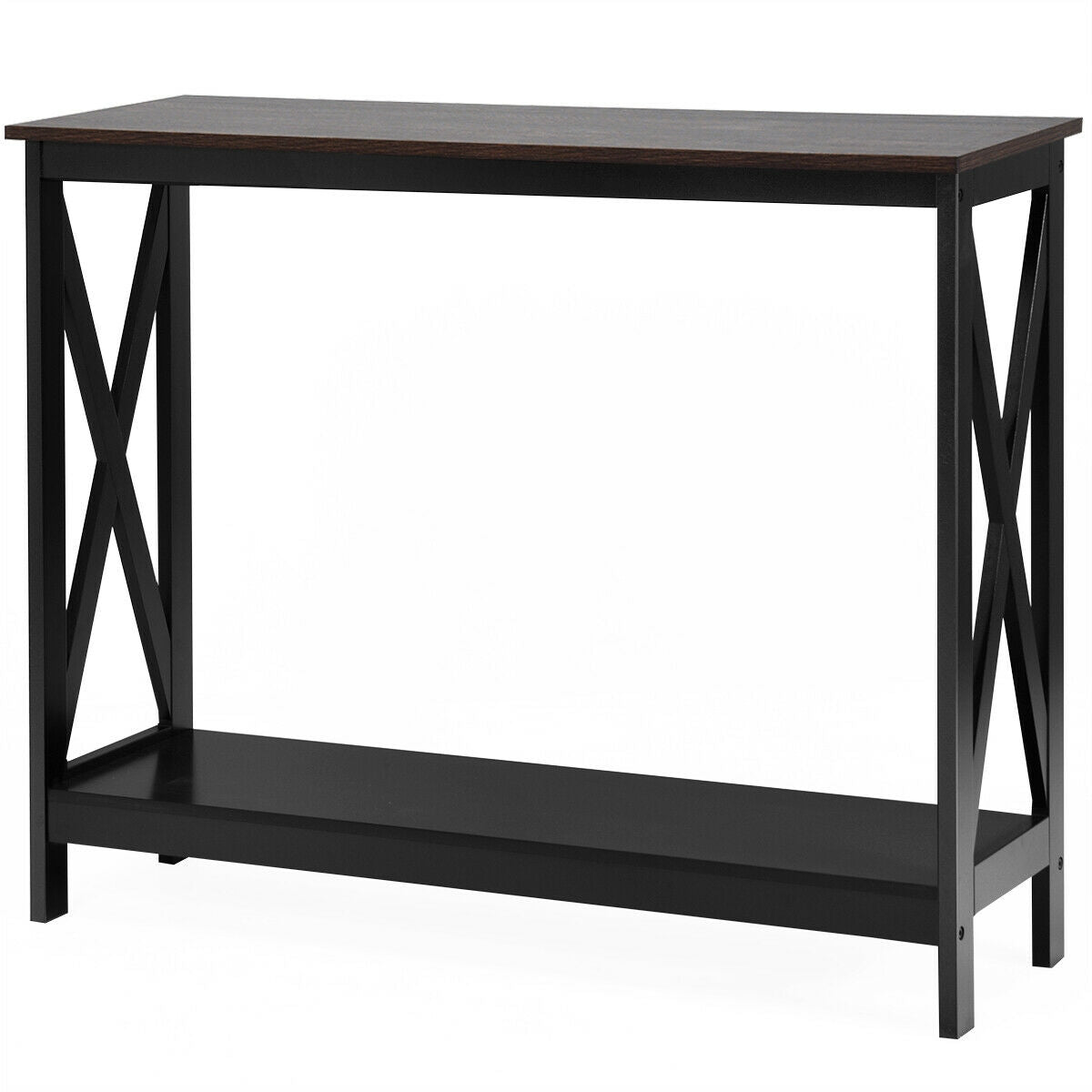 2 Tier Entryway Console Table with Open Shelves and X Frame in Brown