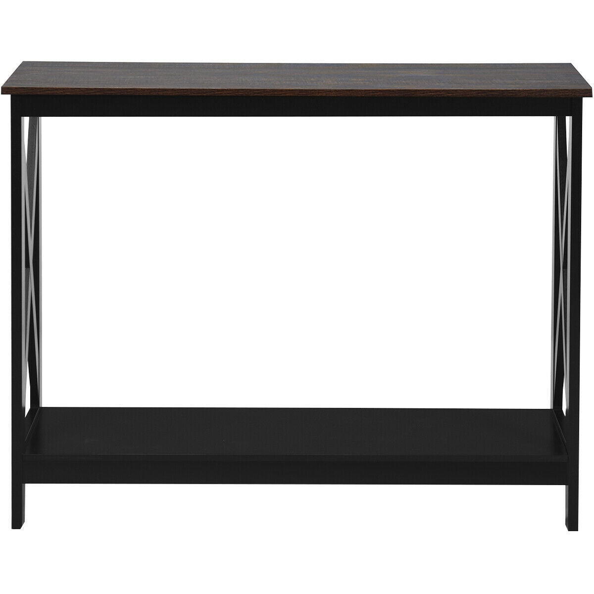 2 Tier Entryway Console Table with Open Shelves and X Frame in Brown