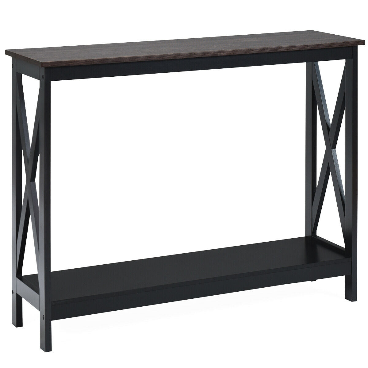 2 Tier Entryway Console Table with Open Shelves and X Frame in Brown