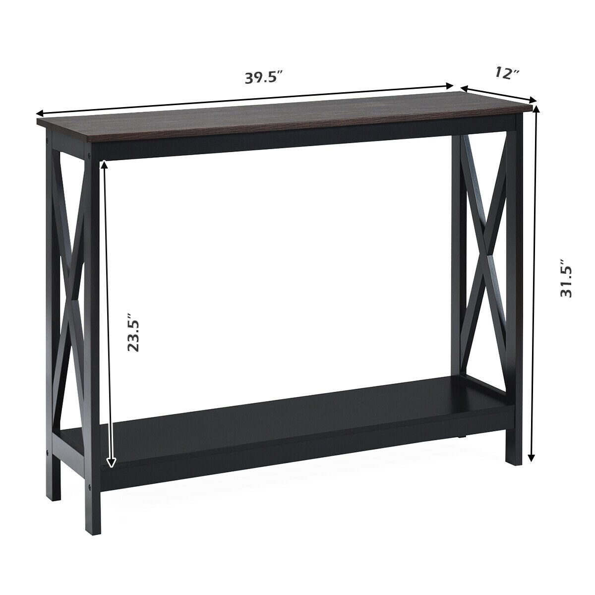 2 Tier Entryway Console Table with Open Shelves and X Frame in Brown