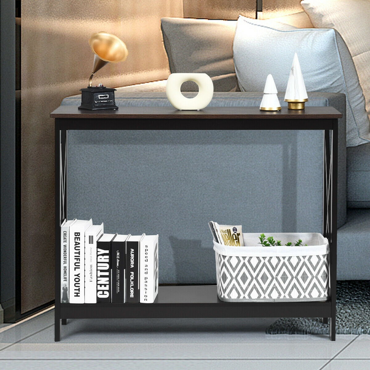 2 Tier Entryway Console Table with Open Shelves and X Frame in Brown