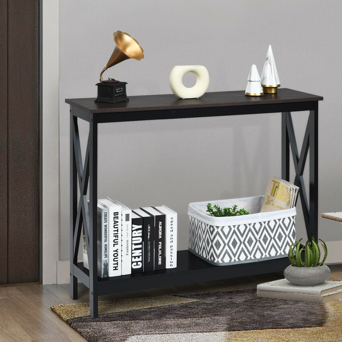 2 Tier Entryway Console Table with Open Shelves and X Frame in Brown
