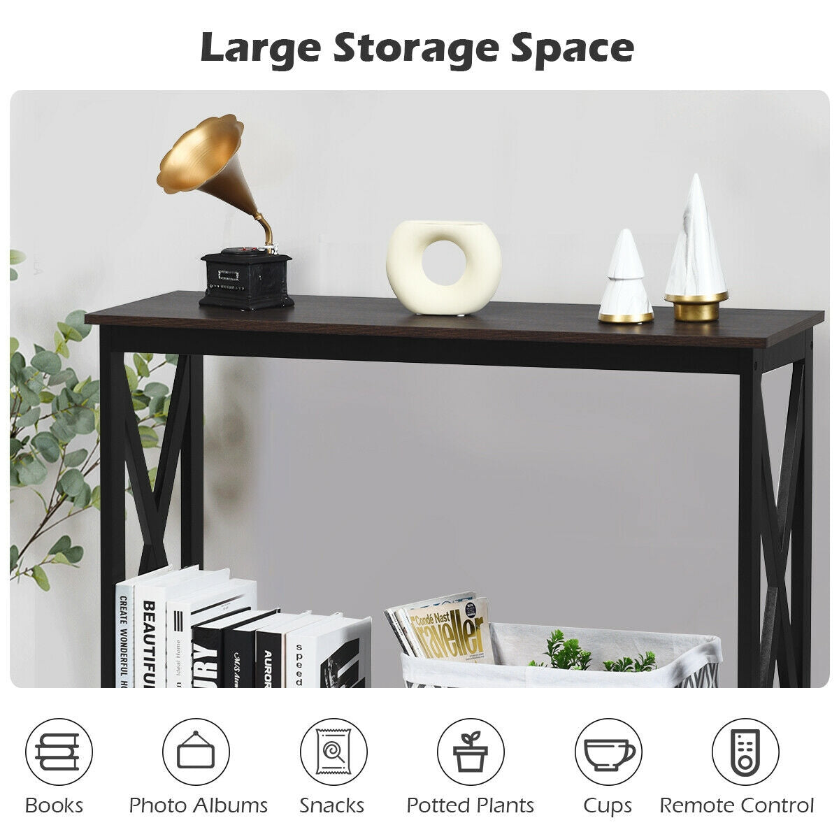 2 Tier Entryway Console Table with Open Shelves and X Frame in Brown