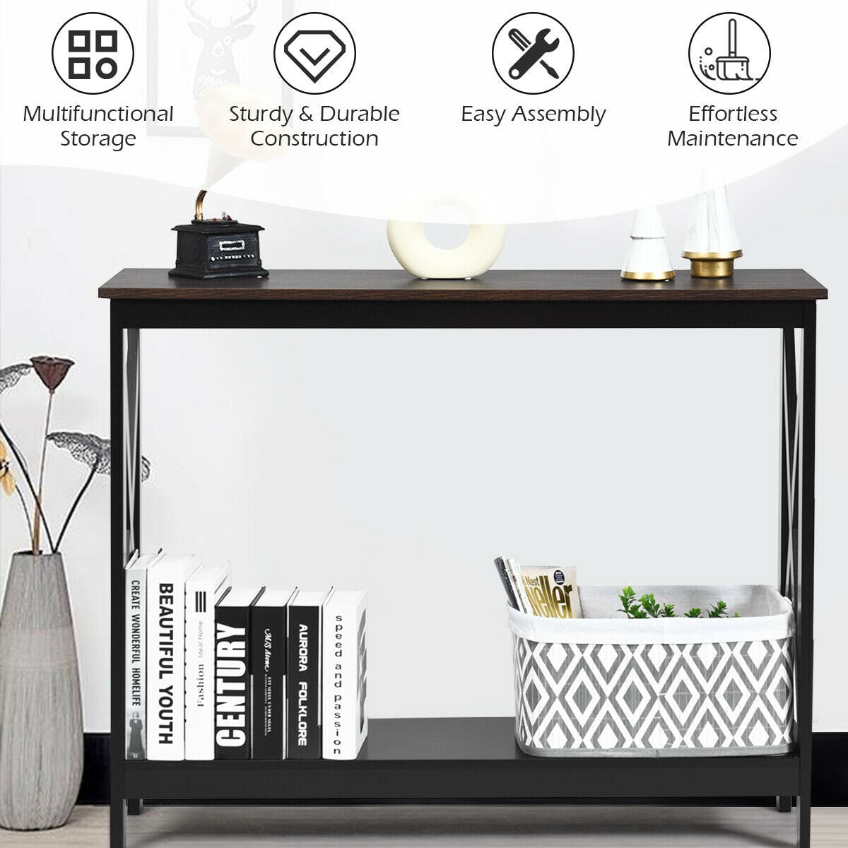 2 Tier Entryway Console Table with Open Shelves and X Frame in Brown