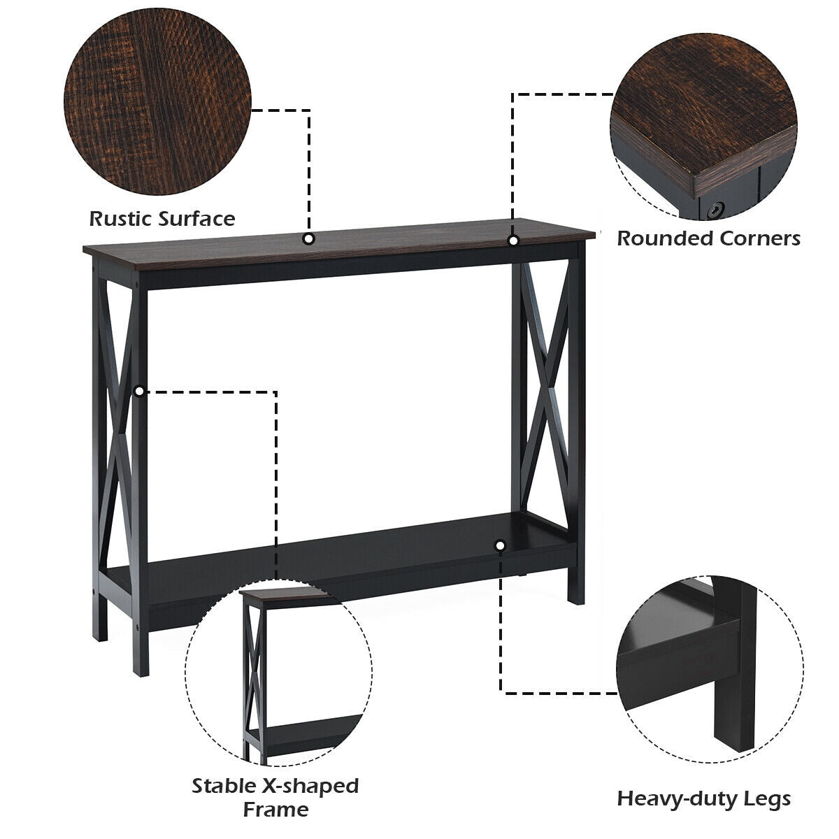 2 Tier Entryway Console Table with Open Shelves and X Frame in Brown