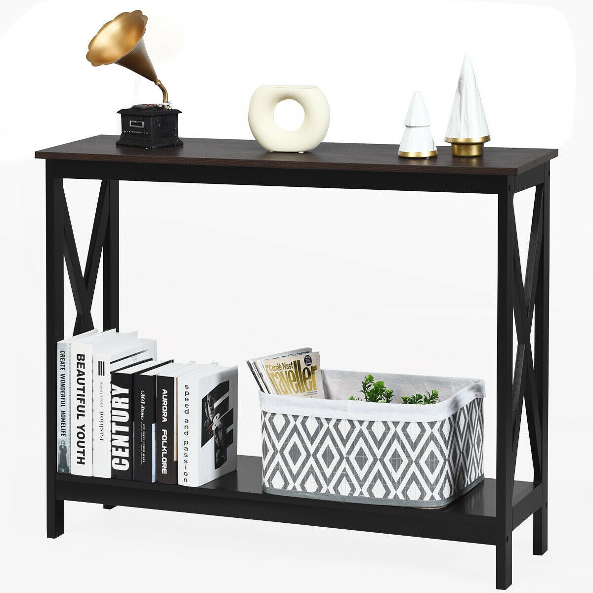 2 Tier Entryway Console Table with Open Shelves and X Frame in Brown