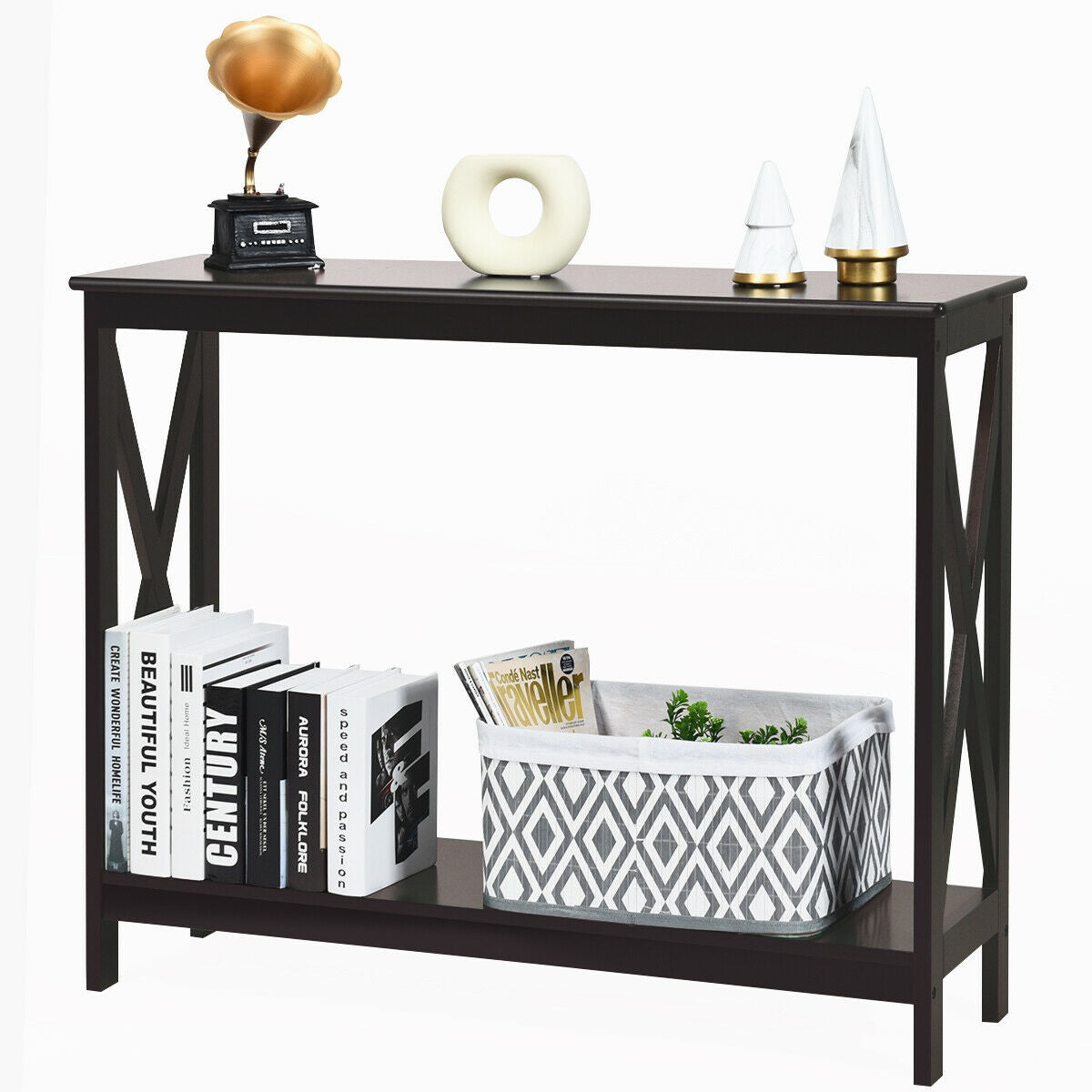 2 Tier Entryway Console Table with Open Shelves and X Frame in Dark Brown