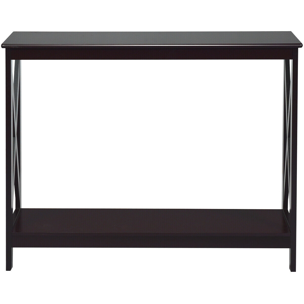 2 Tier Entryway Console Table with Open Shelves and X Frame in Dark Brown