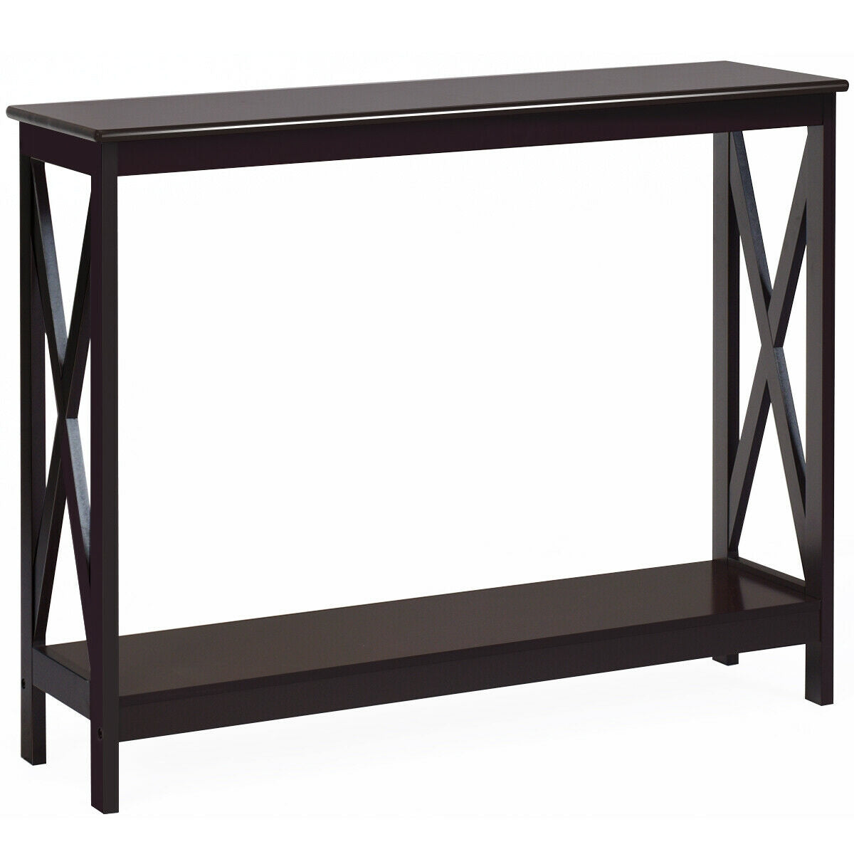 2 Tier Entryway Console Table with Open Shelves and X Frame in Dark Brown