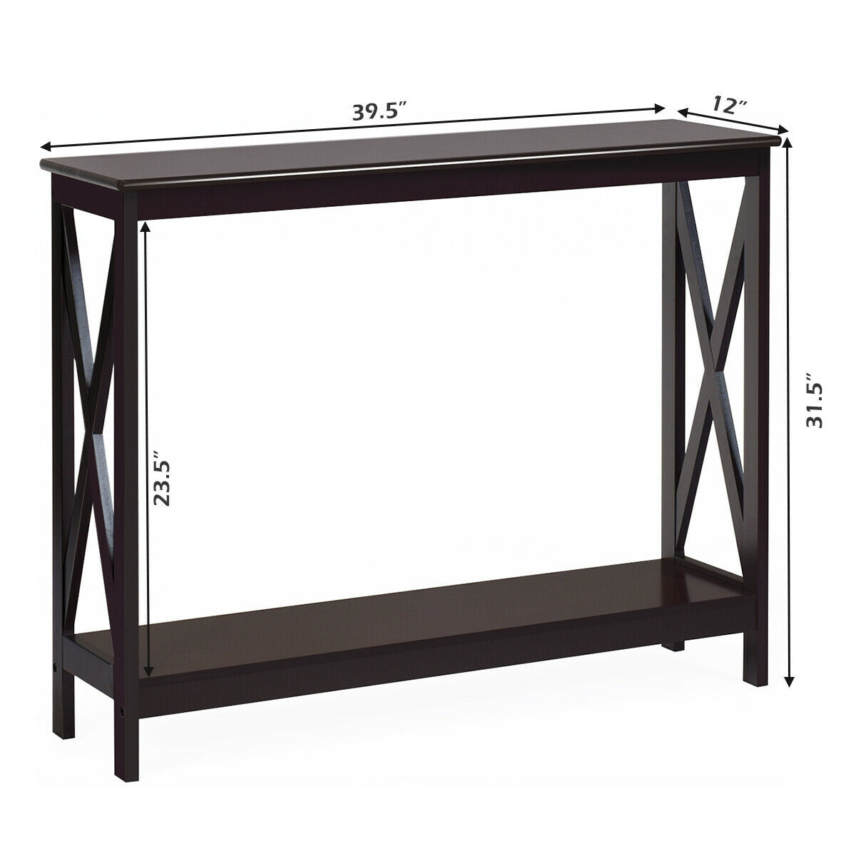 2 Tier Entryway Console Table with Open Shelves and X Frame in Dark Brown