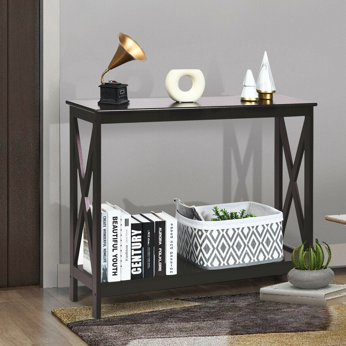 2 Tier Entryway Console Table with Open Shelves and X Frame in Dark Brown