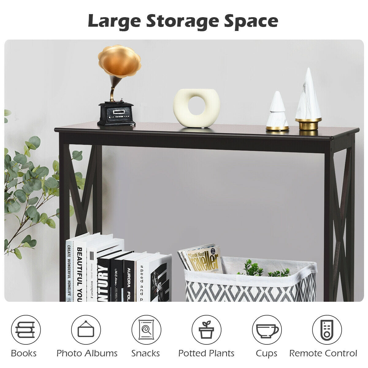 2 Tier Entryway Console Table with Open Shelves and X Frame in Dark Brown