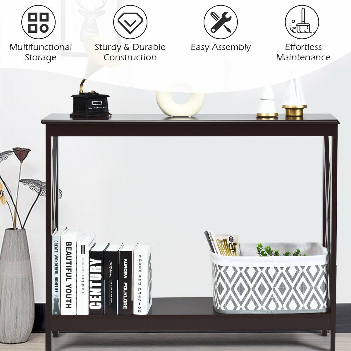 2 Tier Entryway Console Table with Open Shelves and X Frame in Dark Brown