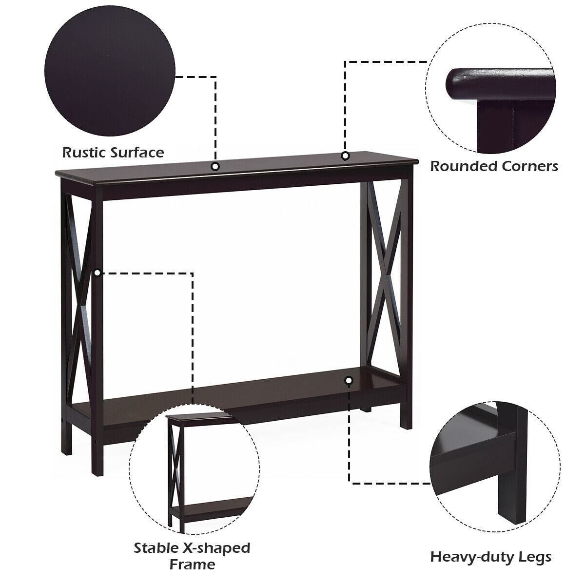 2 Tier Entryway Console Table with Open Shelves and X Frame in Dark Brown