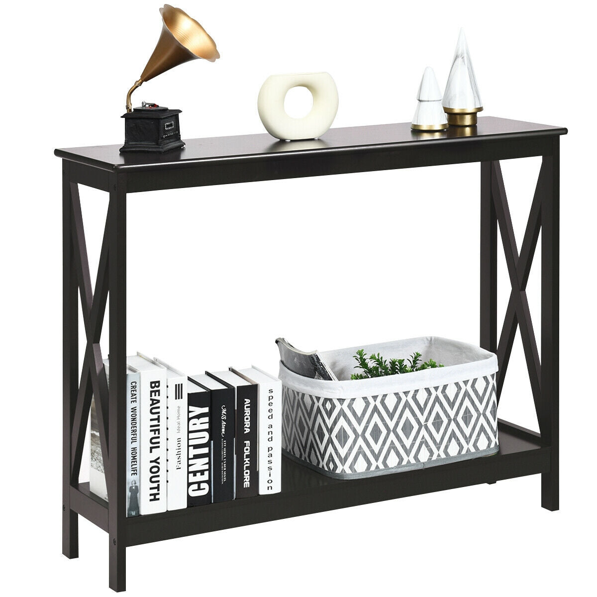 2 Tier Entryway Console Table with Open Shelves and X Frame in Dark Brown