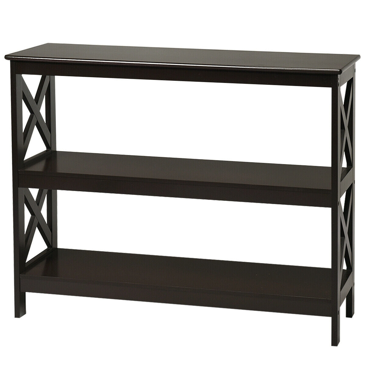3 Tier Console Table with X Design in Dark Brown for Entryway or Living Room