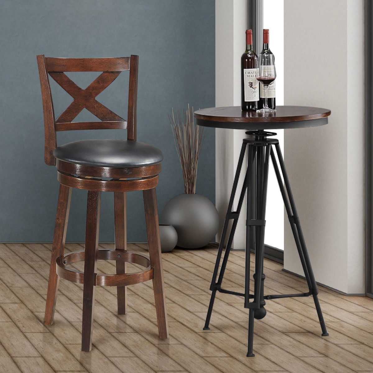 Swivel Counter Height Bar Stool with Upholstered PVC Cushion and X Back 29 Inch