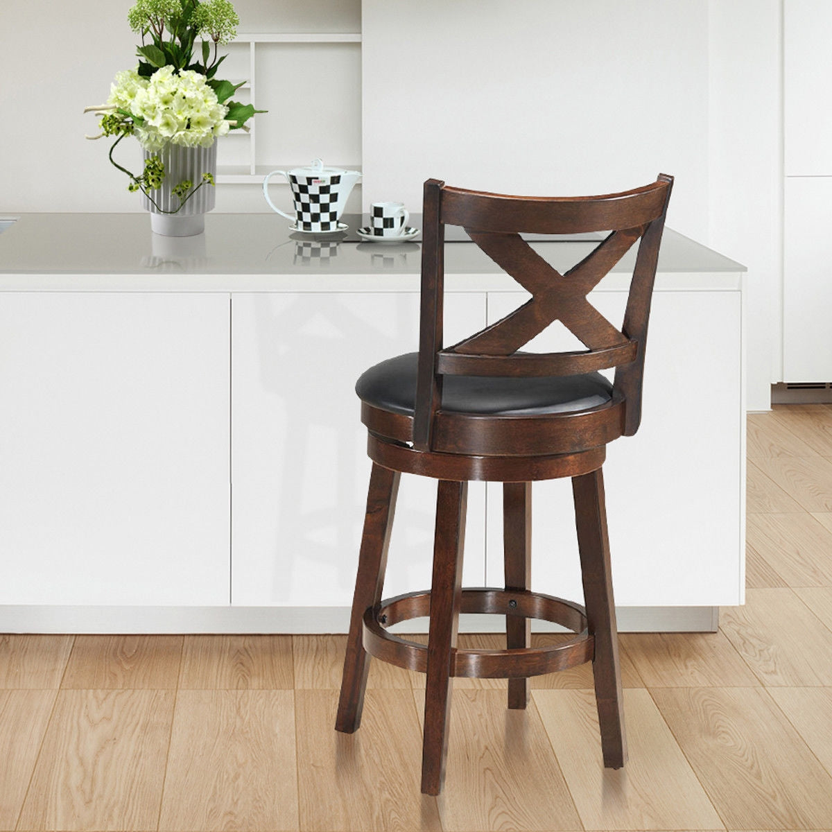 Swivel Counter Height Bar Stool with Upholstered PVC Cushion and X Back 24 Inch