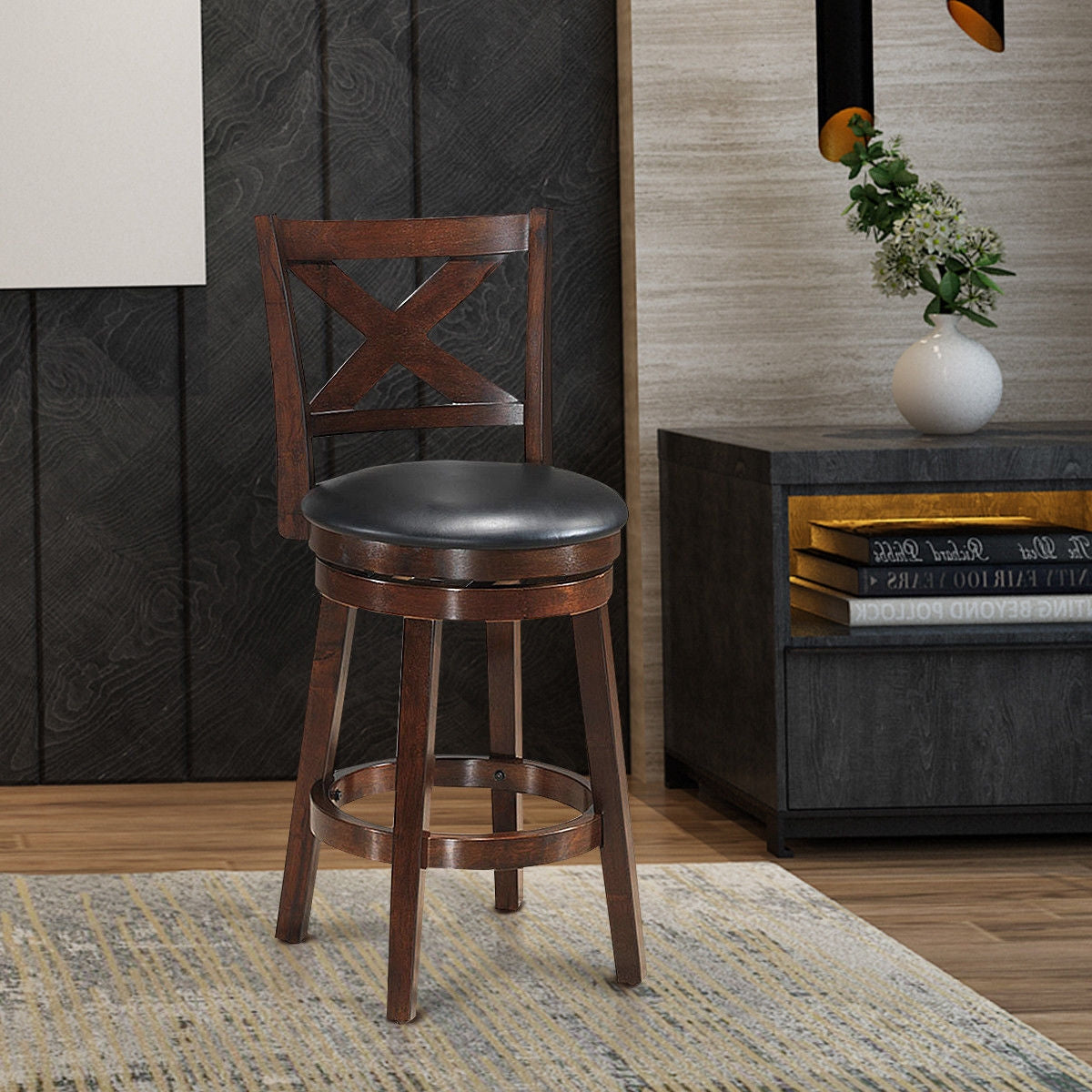 Swivel Counter Height Bar Stool with Upholstered PVC Cushion and X Back 24 Inch
