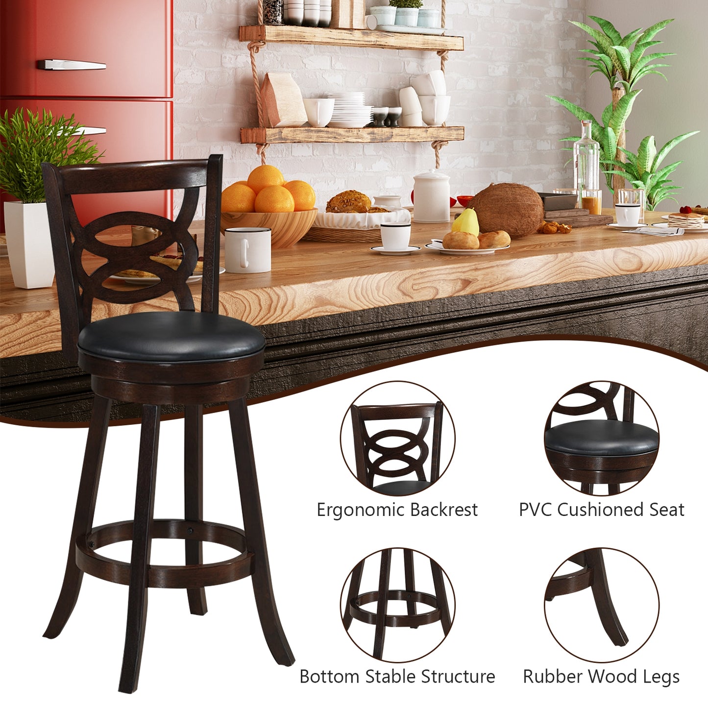 29 Inch Swivel Counter Height Dining Chair with Upholstered Cushion Seat