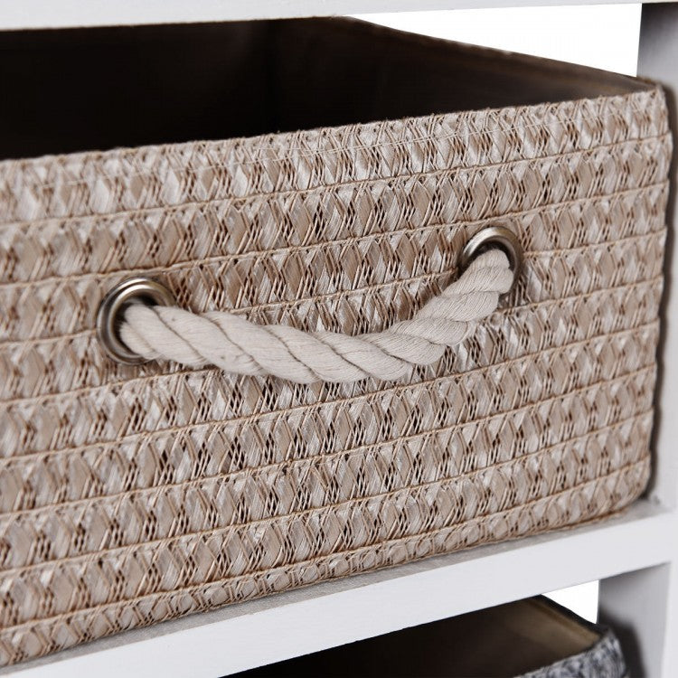 Modern 4-Drawer Nightstand with Woven Baskets – Wood Bedside Storage Cabinet
