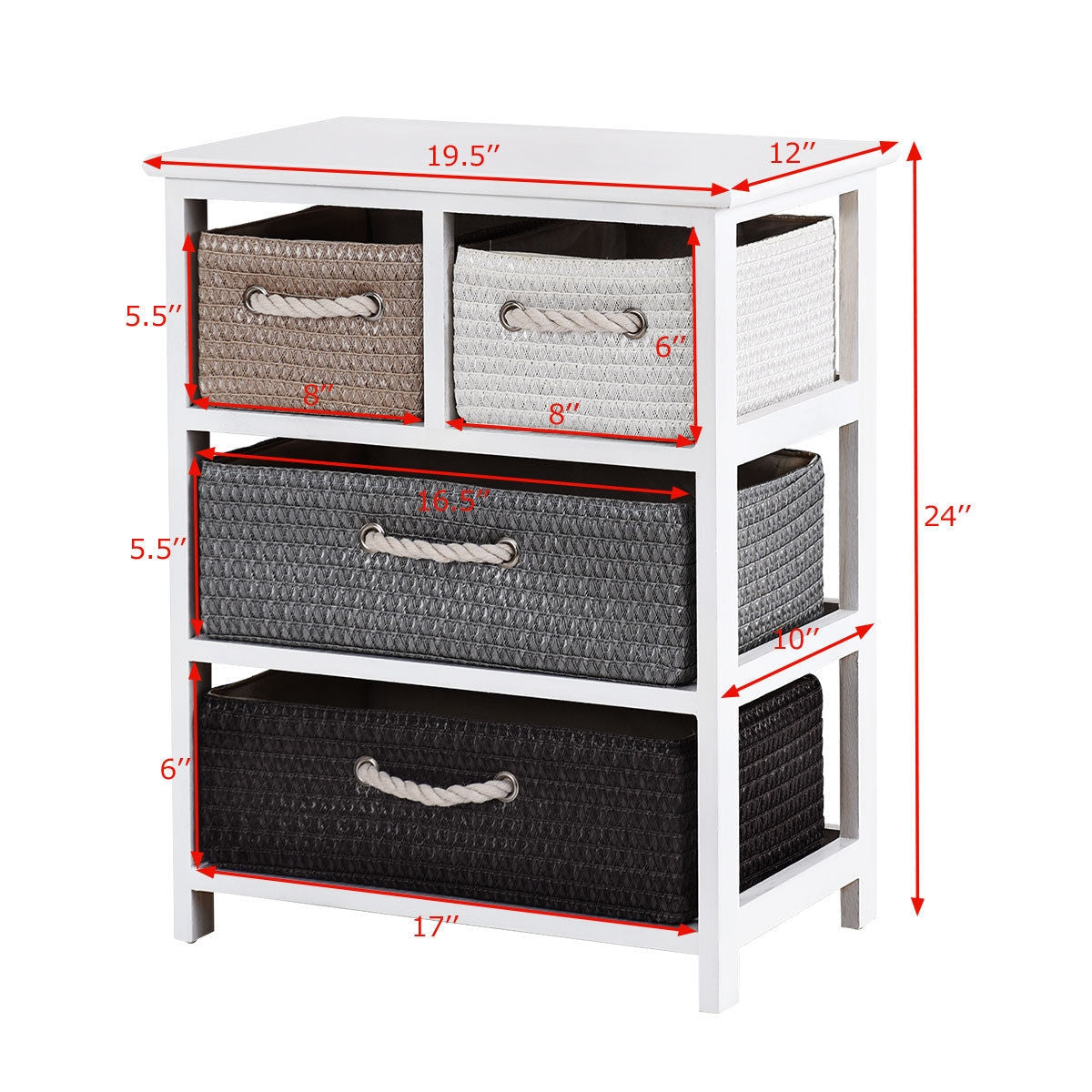 Modern 4-Drawer Nightstand with Woven Baskets – Wood Bedside Storage Cabinet