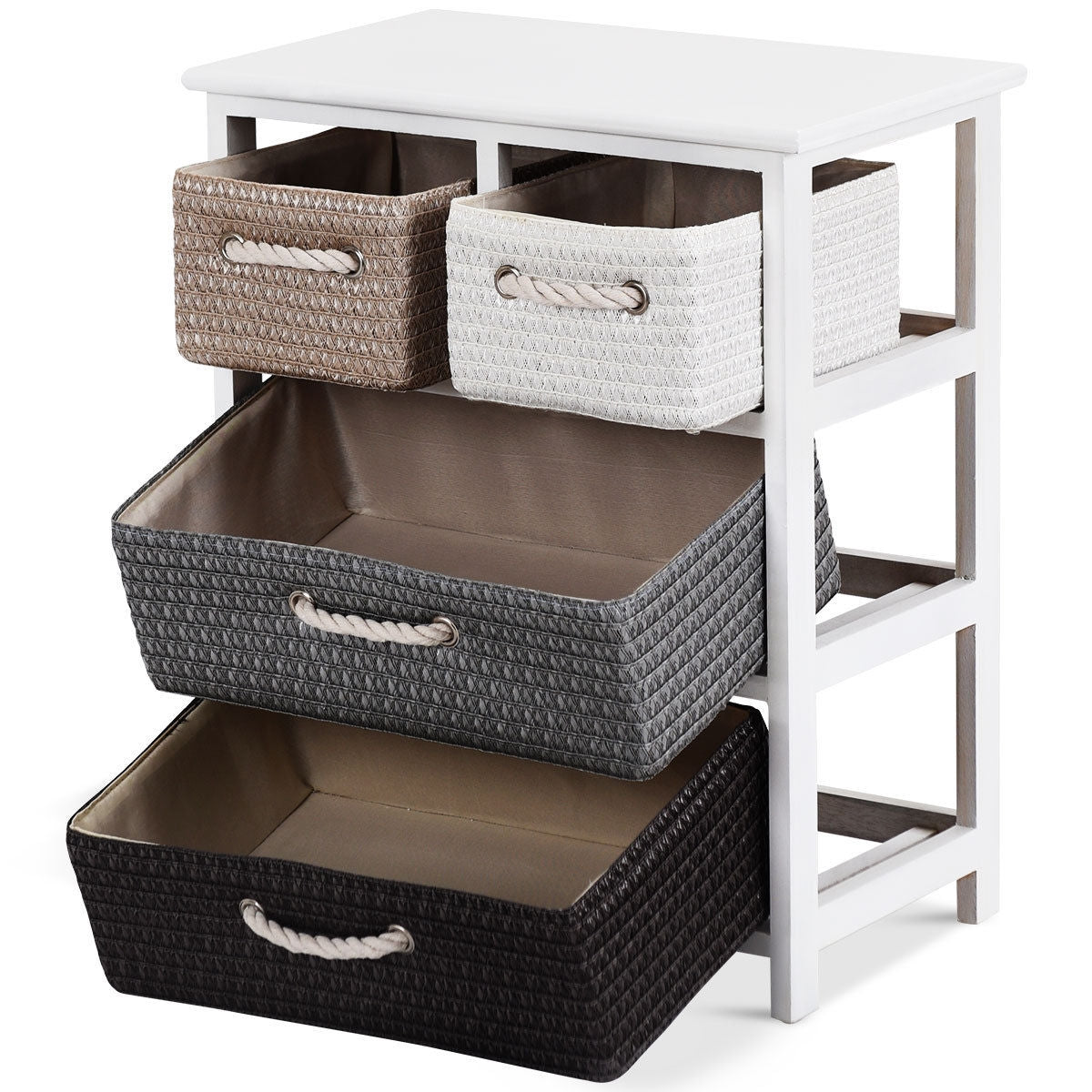 Modern 4-Drawer Nightstand with Woven Baskets – Wood Bedside Storage Cabinet