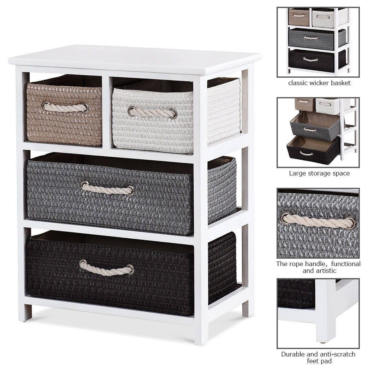Modern 4-Drawer Nightstand with Woven Baskets – Wood Bedside Storage Cabinet