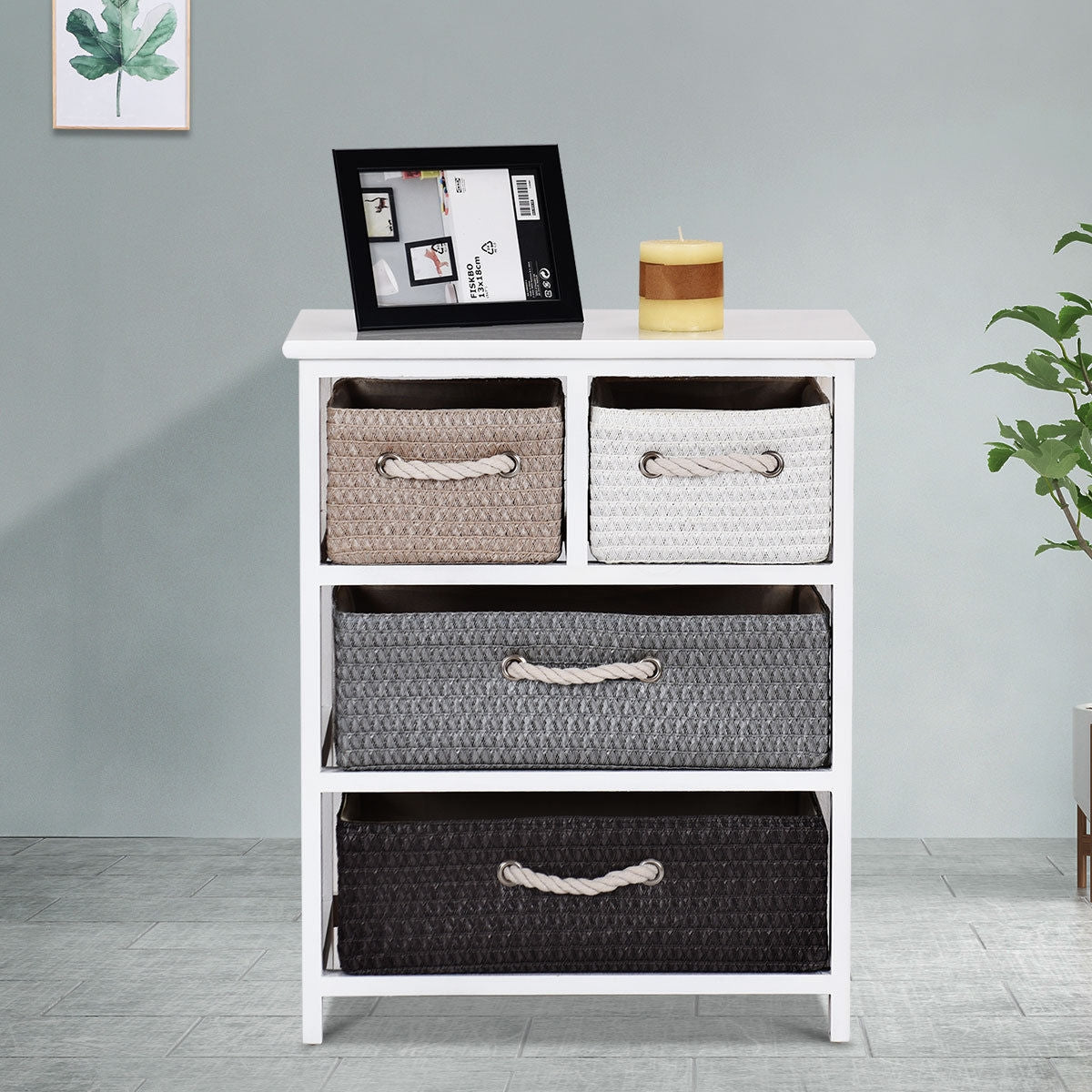 Modern 4-Drawer Nightstand with Woven Baskets – Wood Bedside Storage Cabinet