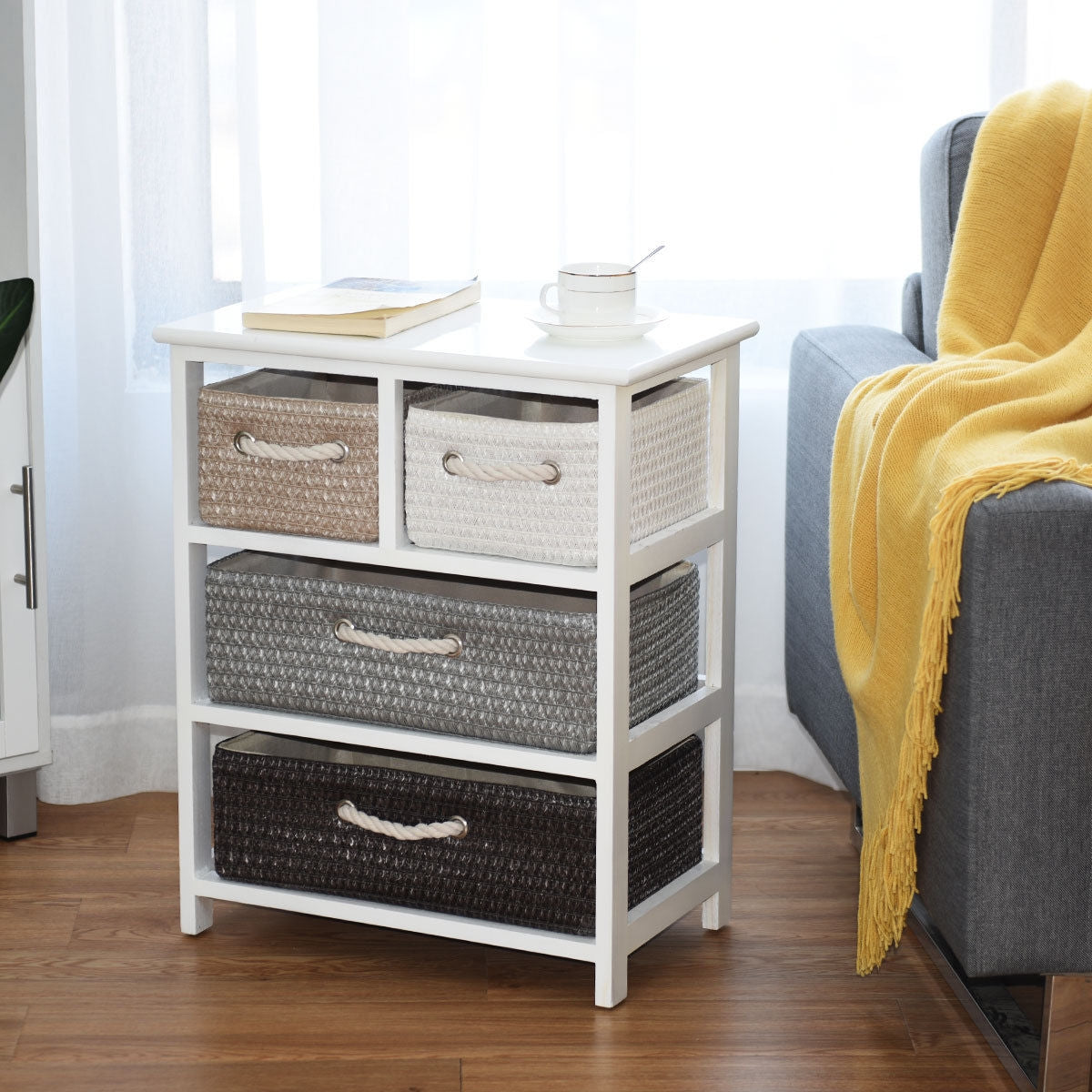 Modern 4-Drawer Nightstand with Woven Baskets – Wood Bedside Storage Cabinet