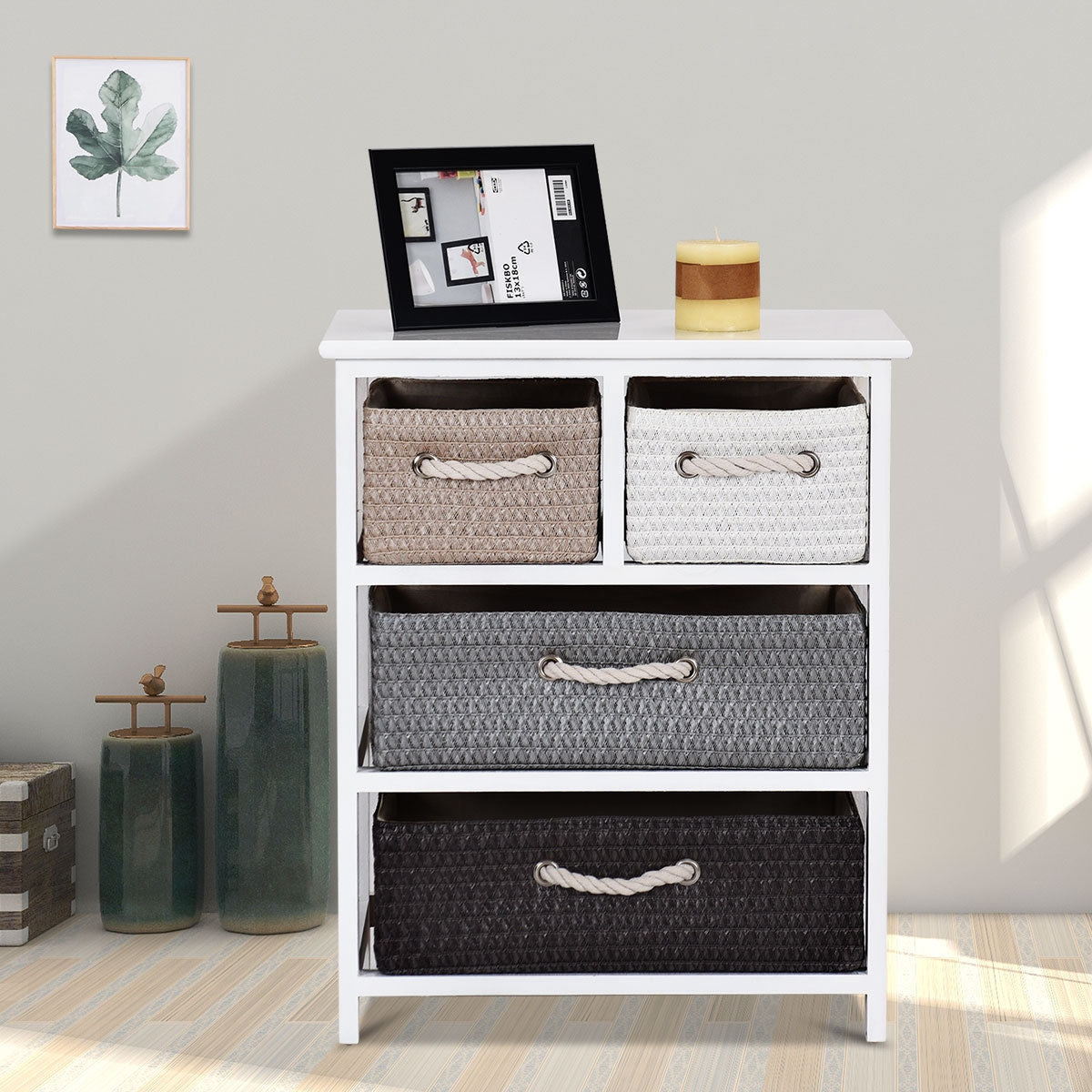 Modern 4-Drawer Nightstand with Woven Baskets – Wood Bedside Storage Cabinet