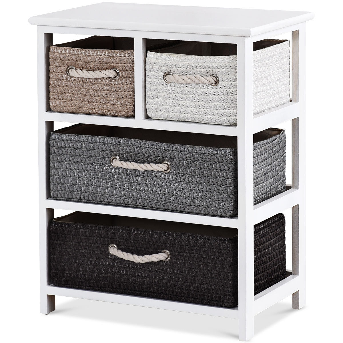 Modern 4-Drawer Nightstand with Woven Baskets – Wood Bedside Storage Cabinet