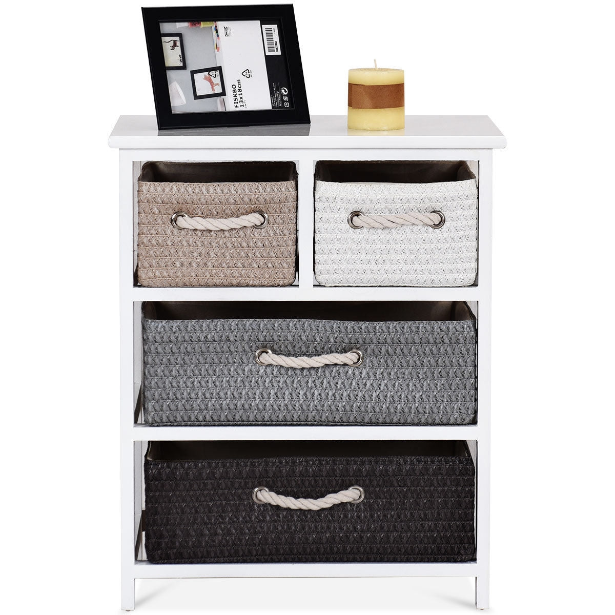 Modern 4-Drawer Nightstand with Woven Baskets – Wood Bedside Storage Cabinet